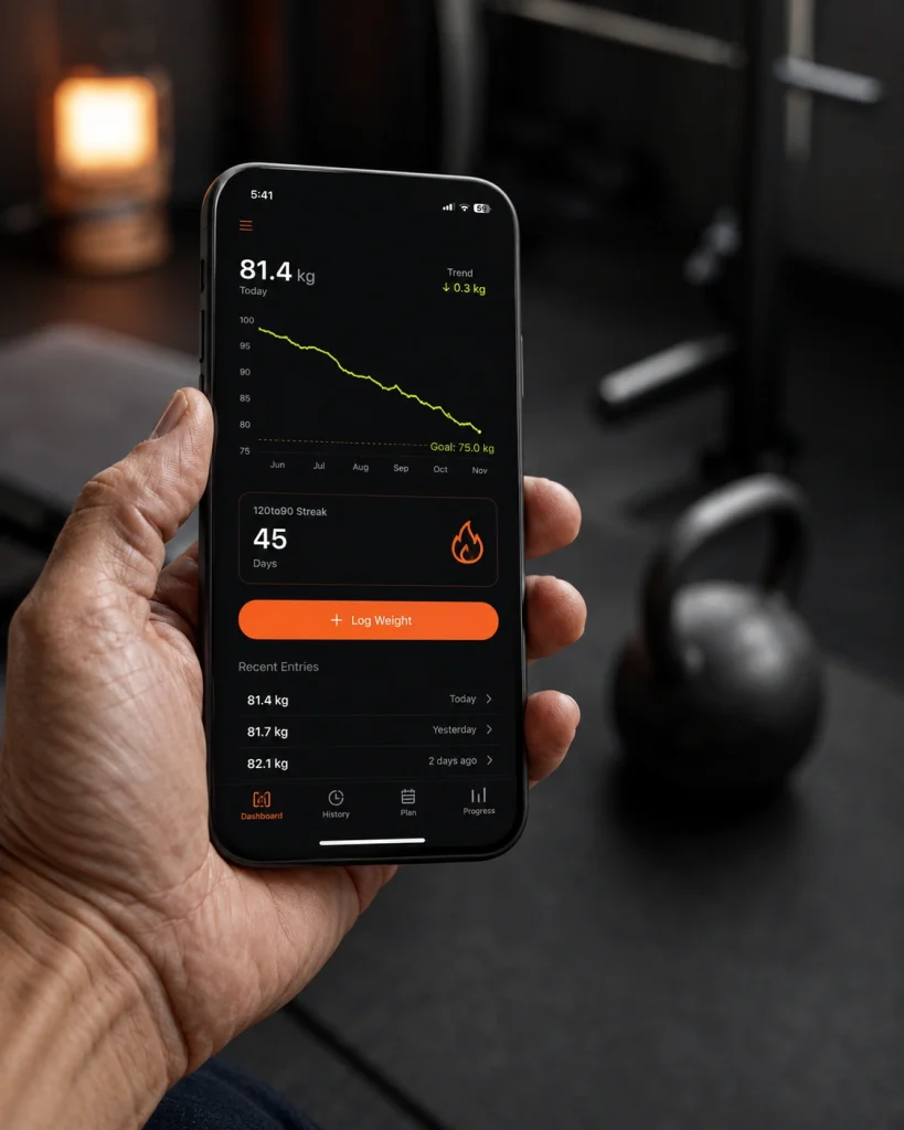 A hand holding a phone showing the 120to90 app weight chart trending down toward the 90kg goal