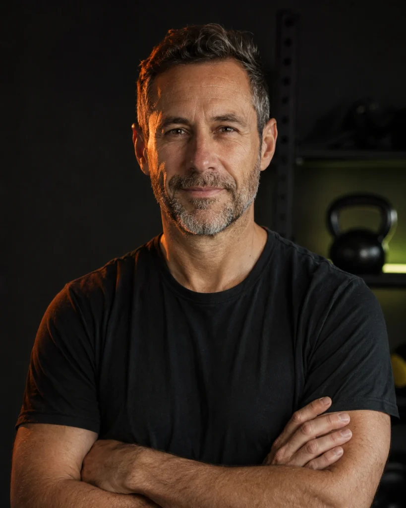 The 120to90 founder, a fit man in his late forties, in his home training space beside a kettlebell