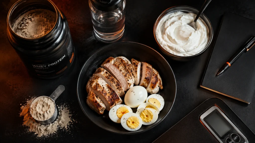 A simple high protein day of chicken, eggs, Greek yogurt and whey on a dark counter for men over 45