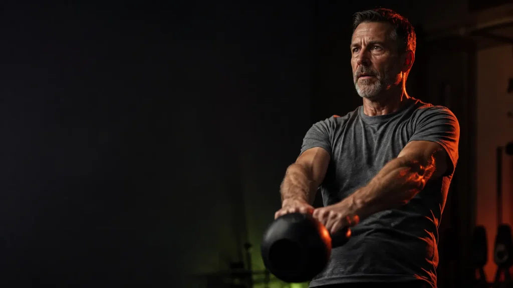 A man in his fifties doing a kettlebell swing at home before dawn, training to keep muscle while losing fat on a GLP 1