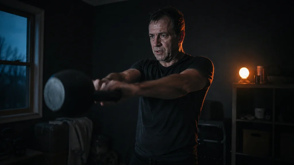 A man over 45 training alone with a kettlebell at home before dawn, mid swing